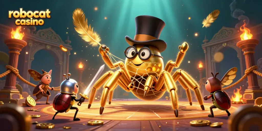 Engage with robocat casino games through an extravagant scene featuring unique characters in a vibrant atmosphere.