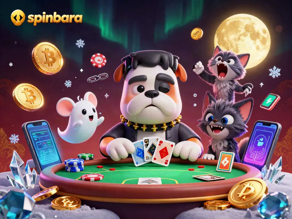 Engaging players at spinbara, a monster dealer interacts with crypto elements and stacked poker chips.