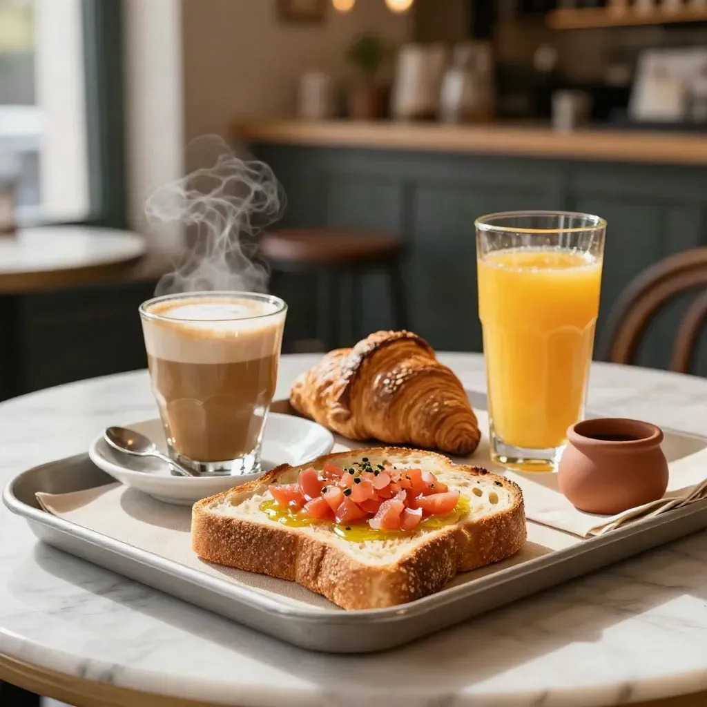 Bandeja de desayuno con tostadas, croissant, café con leche y zumo en mesa de mármol.