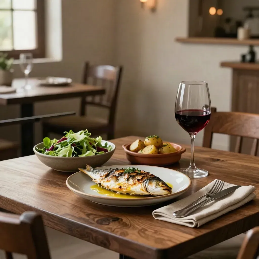Mesa de cena con pescado a la plancha, ensalada, ración caliente y vino en un comedor tranquilo.