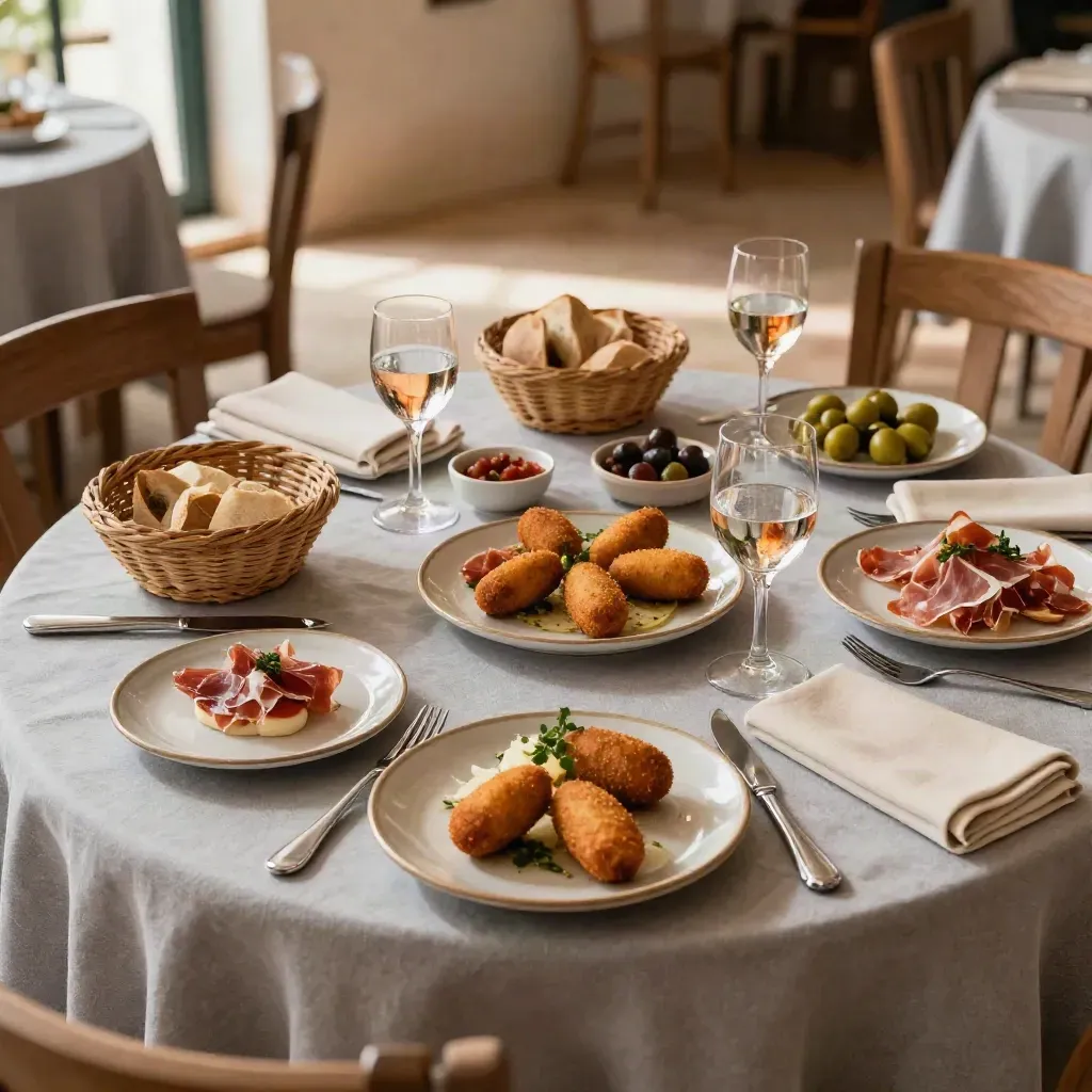 Mesa grande de tapas listas, paneras, copas y postres en un comedor cálido y vacío.