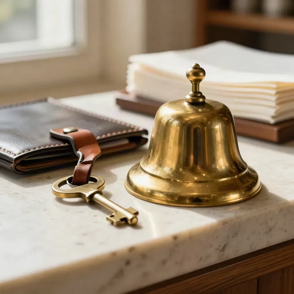 Campanilla de mesa de latón, llave y porta comanda de cuero sobre travertino.