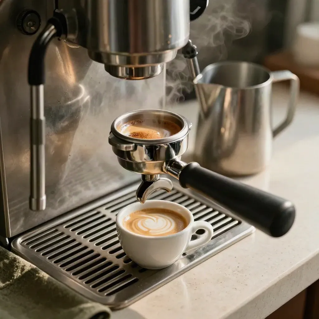 Portafiltro, molino, jarra de leche y café espresso con crema en una barra de bar.