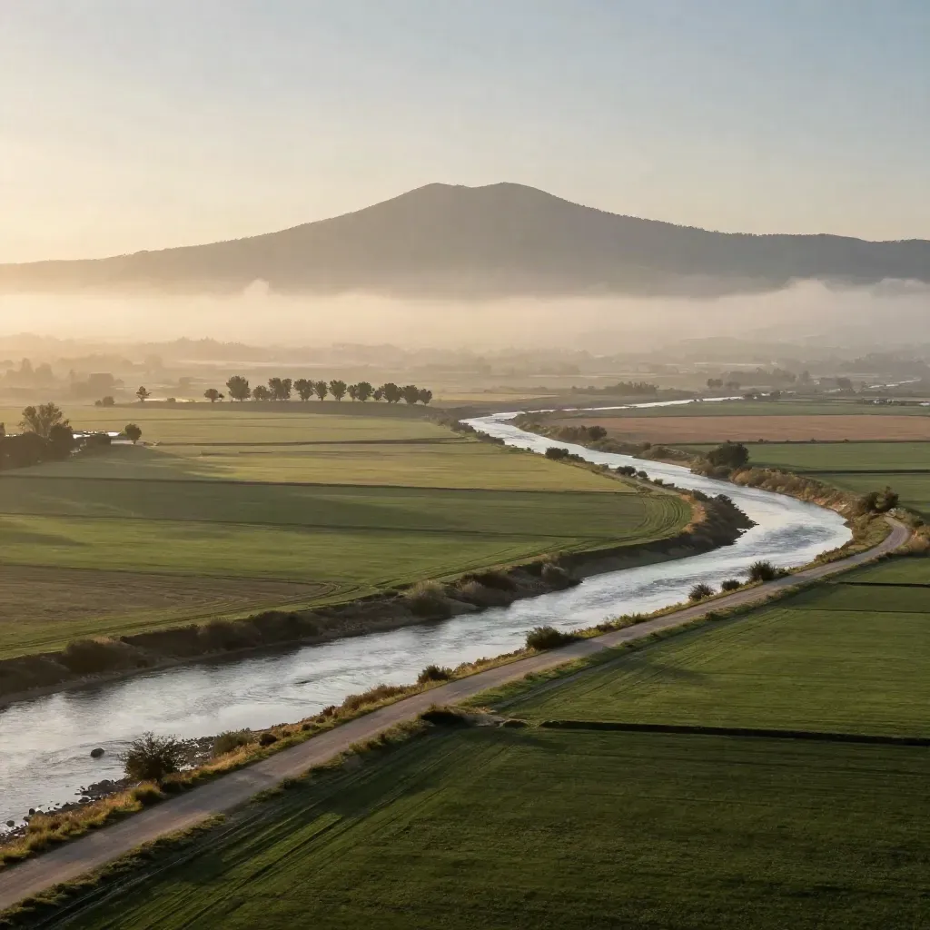 Vista del delta del Llobregat con campos, río y montaña al fondo, bajo una bruma suave.