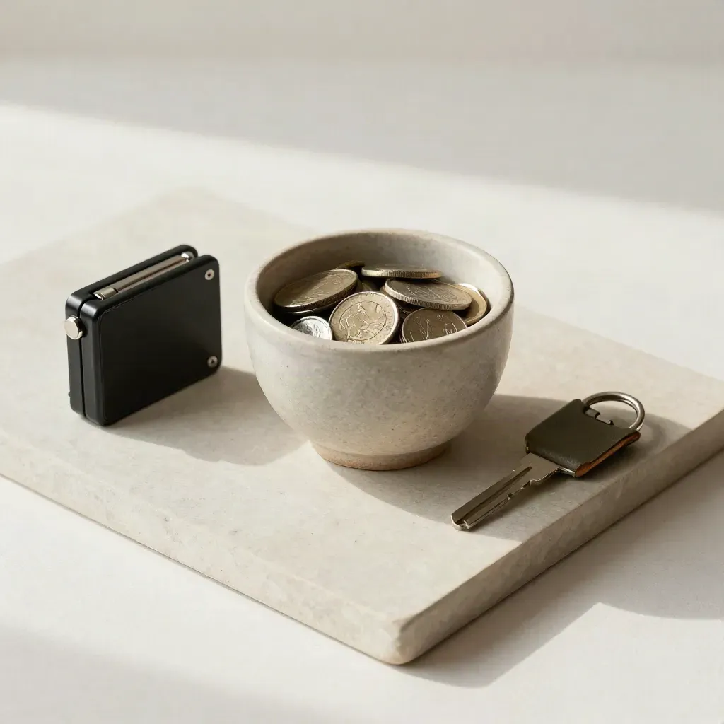 Monedas, datáfono apagado y llavero de mesa sobre madera clara, vista cenital.